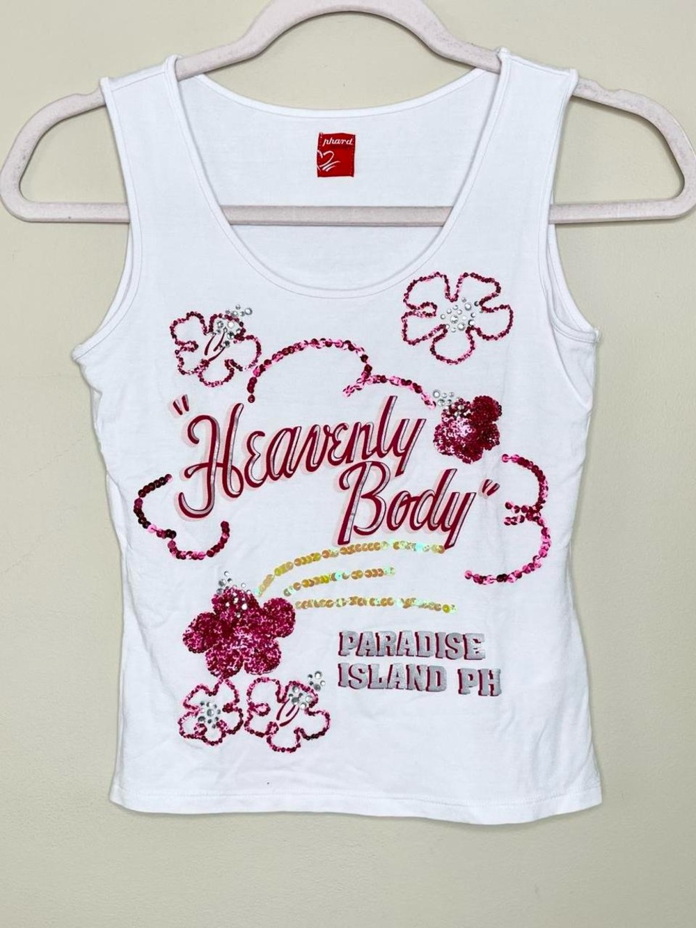 Vintage Y2K White Tank Top with Pink Sequin Floral Accents